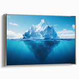 Framed canvas wall art featuring a stunning glacier landscape design in silver, showcasing vibrant blues and whites, perfect for modern home decor.