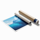 Vibrant rolled print of a glacier landscape design, showcasing icy blues and whites, perfect for modern home decor, elegantly packaged in a protective tube.
