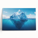 Stretched canvas wall art depicting a breathtaking glacier landscape in vibrant blues and whites, designed for modern home decor, showcasing nature's beauty.