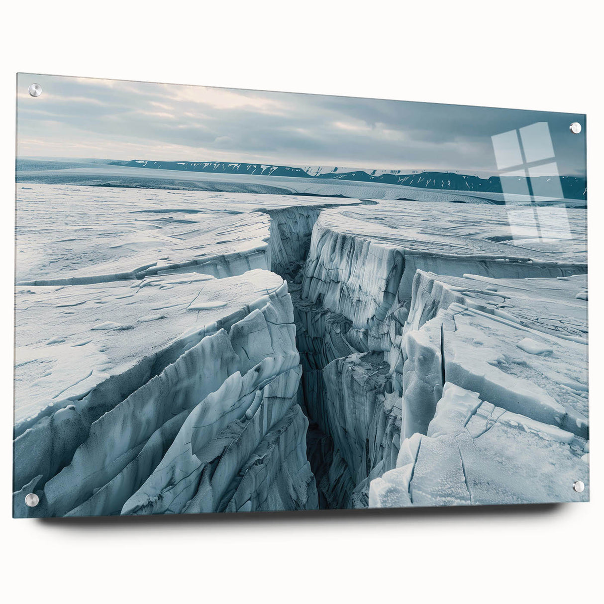 Acrylic glass wall art featuring a stunning glacier landscape design, showcasing vibrant blues and whites, presented with stylish pins for easy mounting. Perfect for enhancing modern home decor.