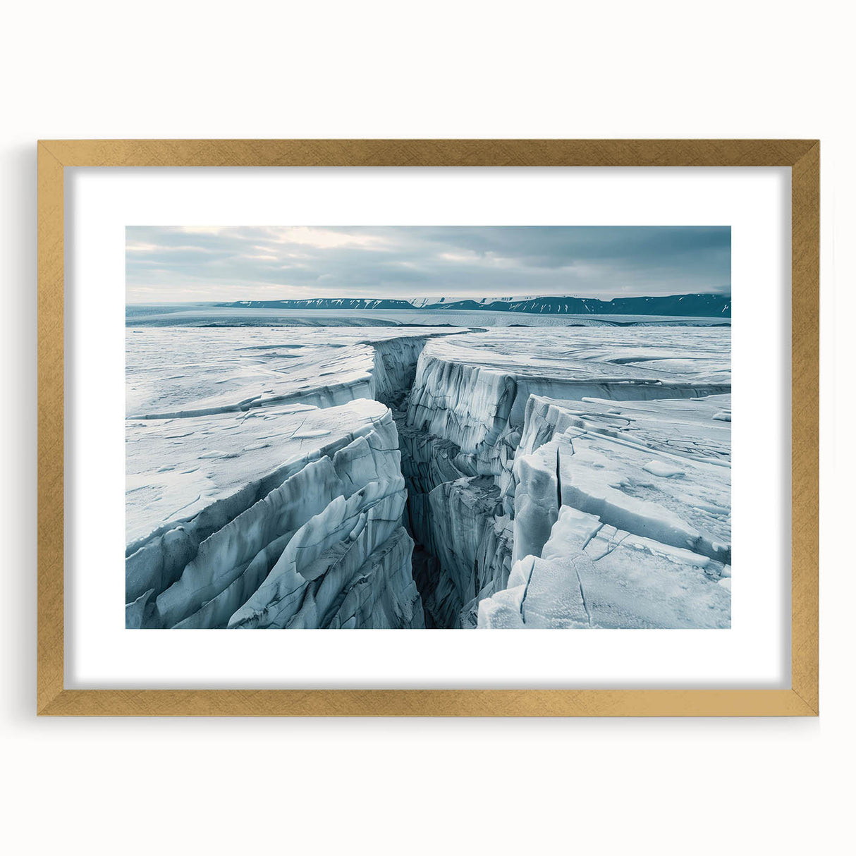 Framed gold wall art featuring a stunning glacier landscape design, elegantly matted and showcased in a contemporary frame, perfect for modern home decor.