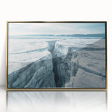 Framed acrylic wall art featuring a stunning glacier landscape design with gold accents, showcasing vibrant colors and intricate details, ideal for home decor.