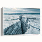 Framed canvas wall art featuring a stunning glacier landscape design with vibrant blues and whites, displayed from a side view on a modern white wall.