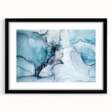 Framed landscape wall art featuring a serene glacier scene, showcasing vibrant blues and whites, with a black mat and frame, perfect for contemporary decor.