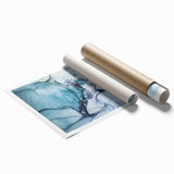 Glacier landscape wall art print showcasing serene icy blue tones and intricate mountain details, rolled and securely packaged in a protective tube for display.