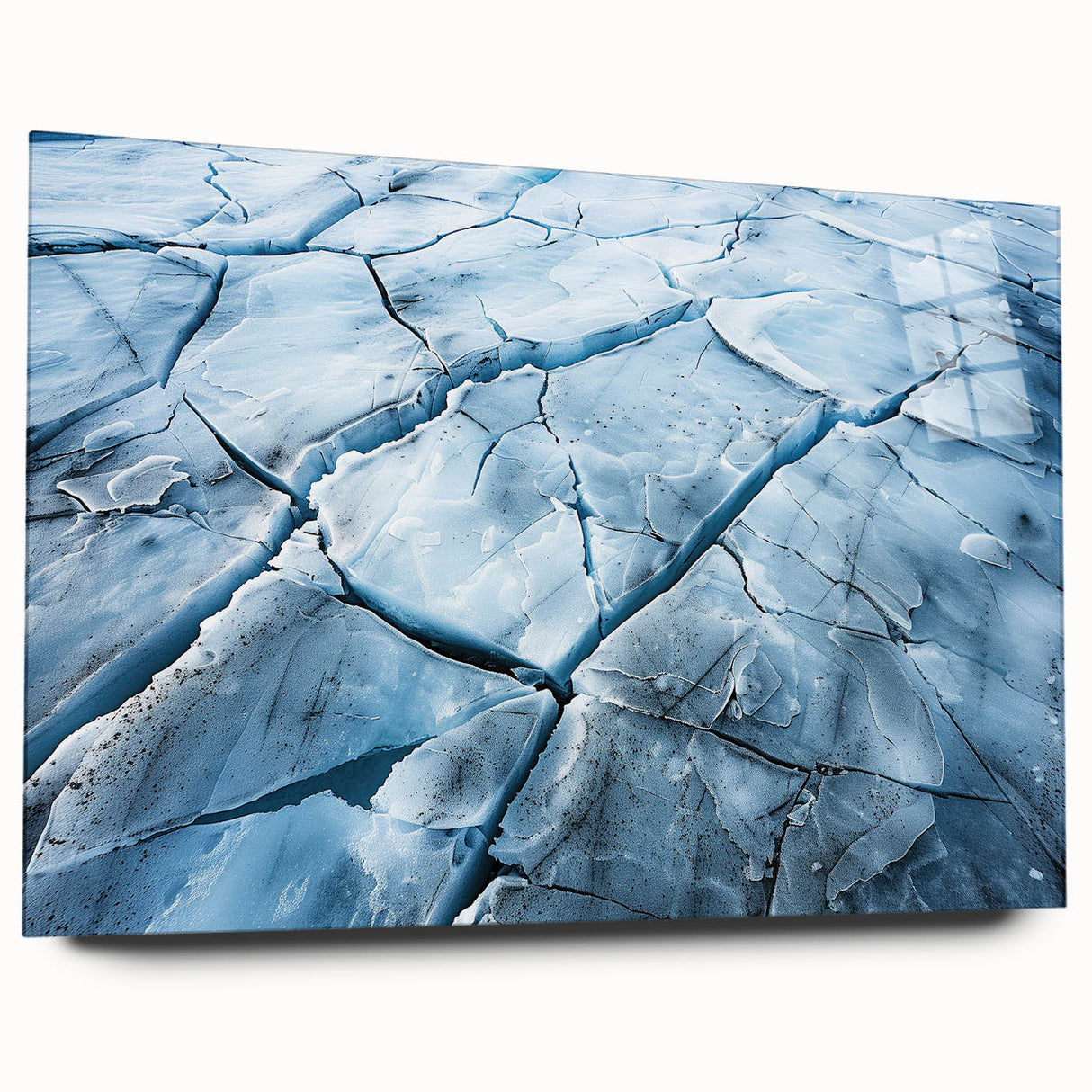 Acrylic glass wall art showcasing a stunning glacier landscape design, featuring vibrant blues and whites, viewed from the side without pins, perfect for modern decor.