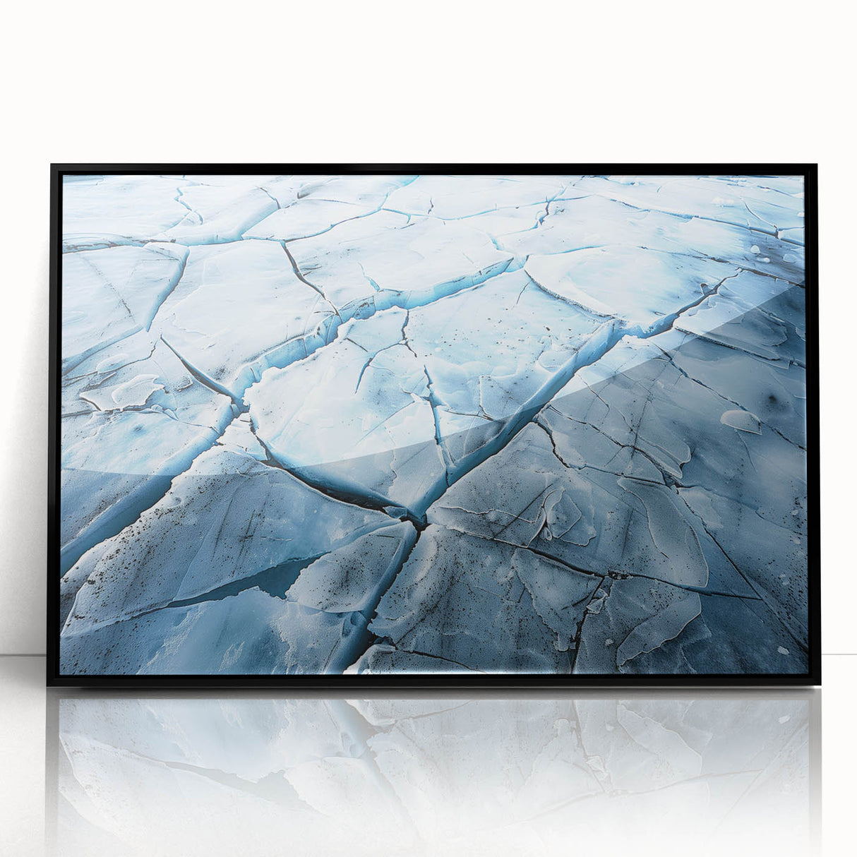 Framed acrylic wall art showcasing a stunning glacier landscape design with vibrant blues and whites, ideal for modern home decor, highlighting natural beauty.