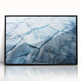 Framed acrylic wall art showcasing a stunning glacier landscape design with vibrant blues and whites, ideal for modern home decor, highlighting natural beauty.