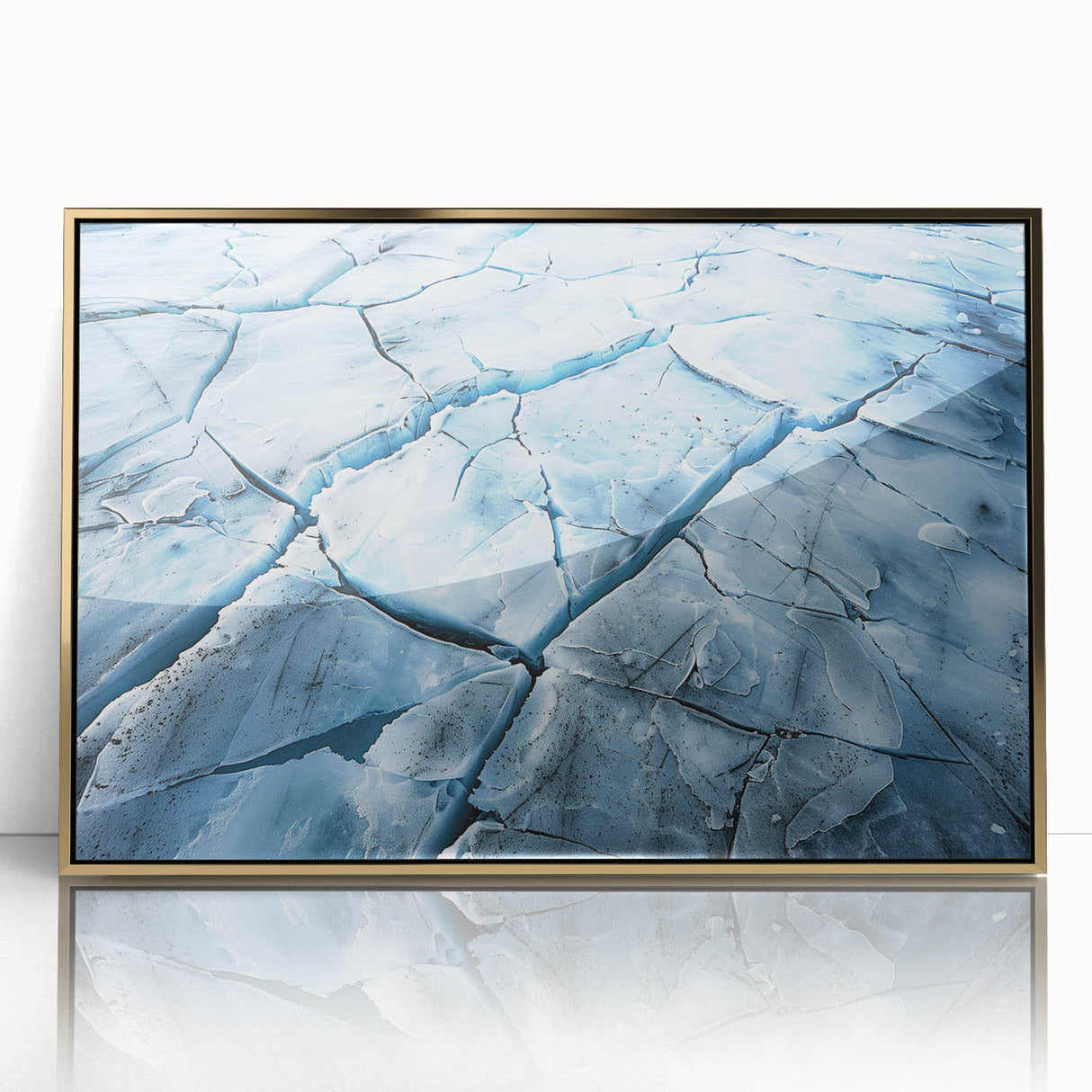 Framed acrylic wall art showcasing a stunning glacier landscape design, featuring vibrant blues and whites, elegantly set in a gold frame for a modern touch. Perfect for enhancing home decor.