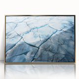 Framed acrylic wall art showcasing a stunning glacier landscape design, featuring vibrant blues and whites, elegantly set in a gold frame for a modern touch. Perfect for enhancing home decor.