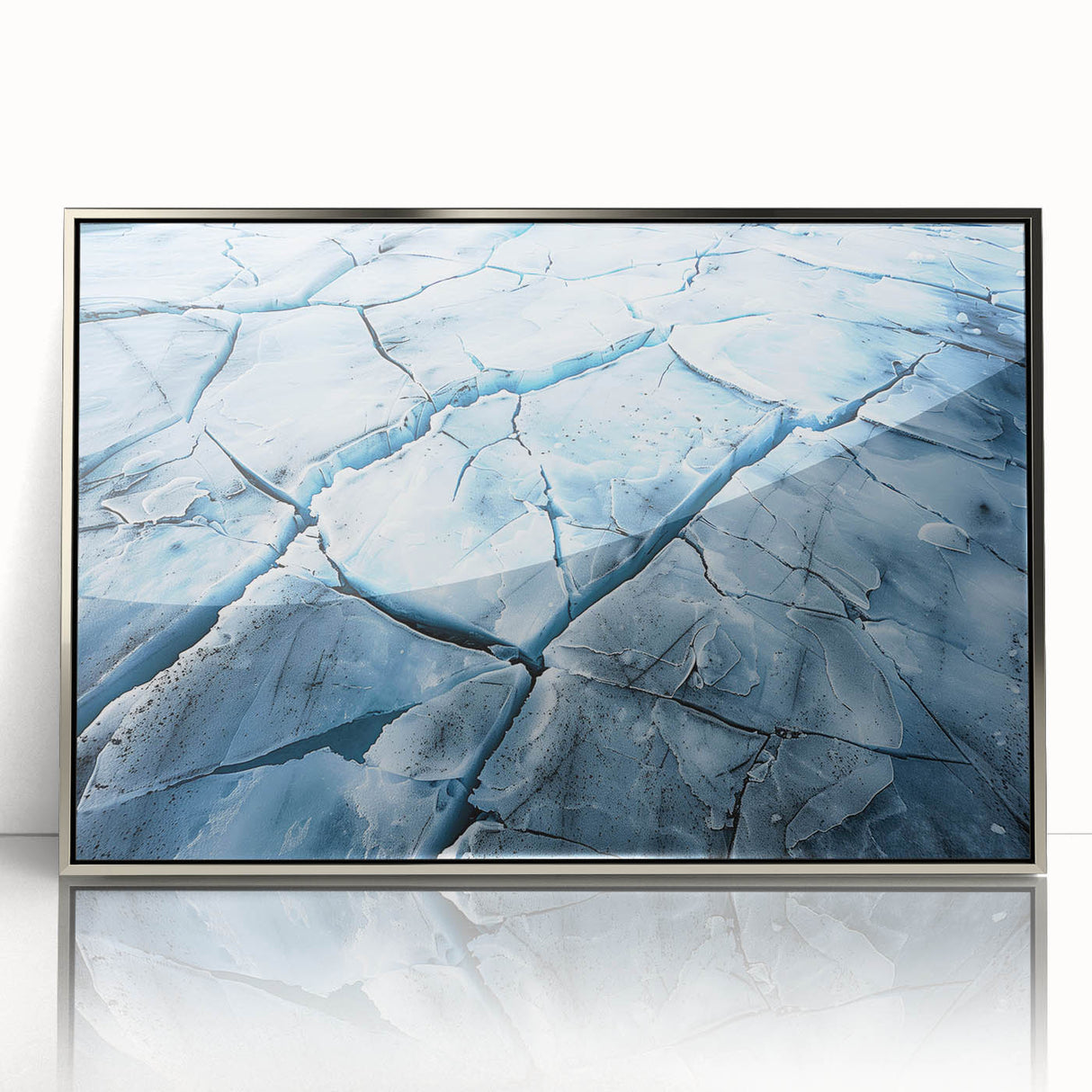 Framed acrylic wall art showcasing a stunning glacier landscape design in silver tones, perfect for adding a modern touch to home decor or office spaces.