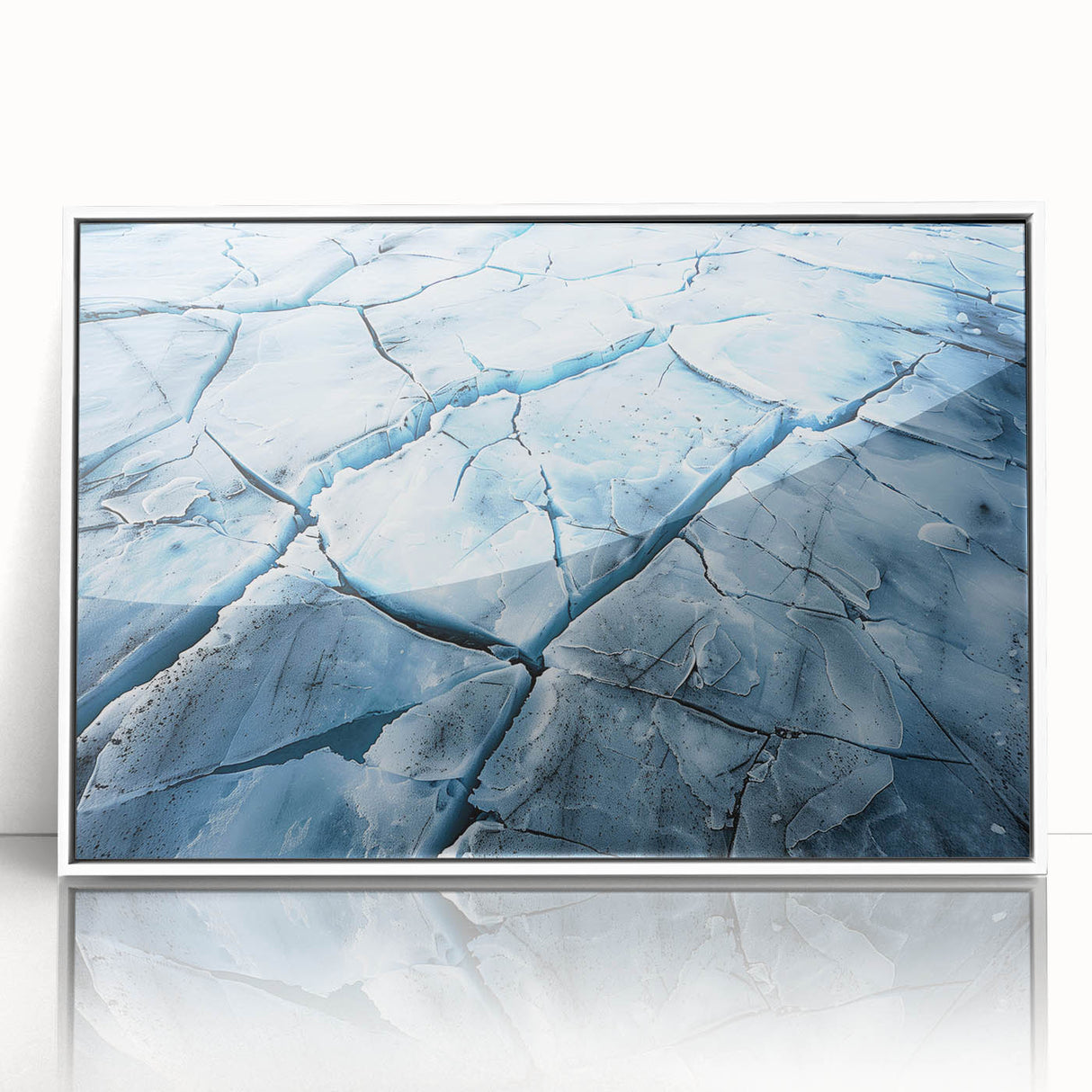Framed acrylic wall art featuring a stunning glacier landscape design, showcased in a sleek white frame, perfect for modern home decor and nature enthusiasts.