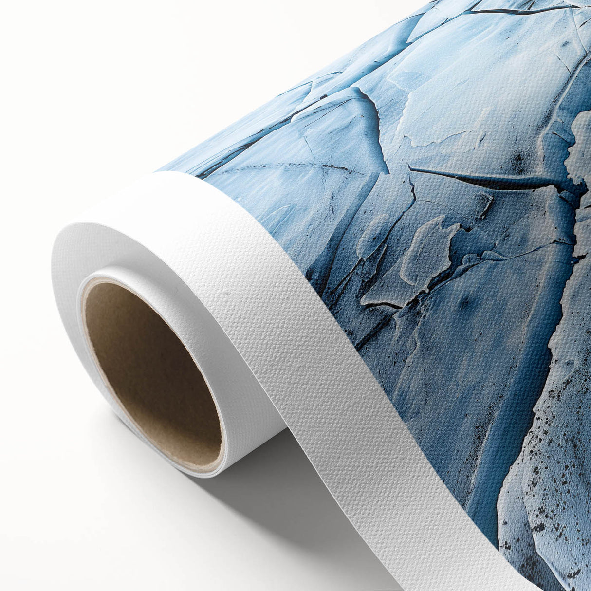 Rolled canvas artwork showcasing a stunning glacier landscape design, featuring vibrant blues and whites, perfect for enhancing modern home decor.