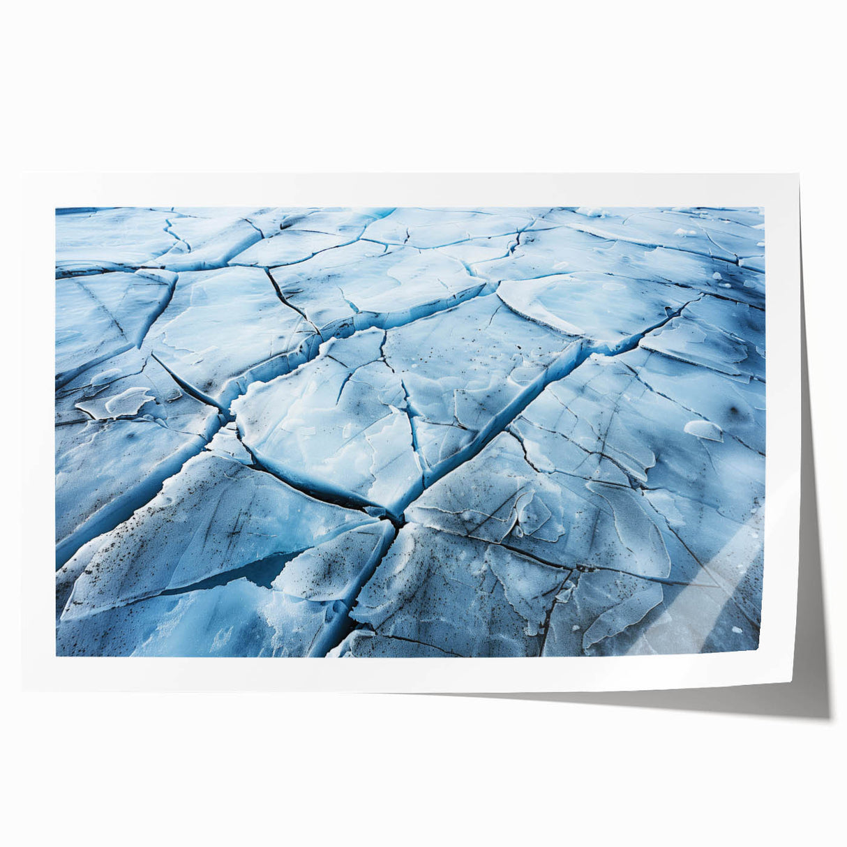 Vibrant wall art print showcasing a stunning glacier landscape with rich blues and whites, rolled for easy shipping and display, perfect for home decor.