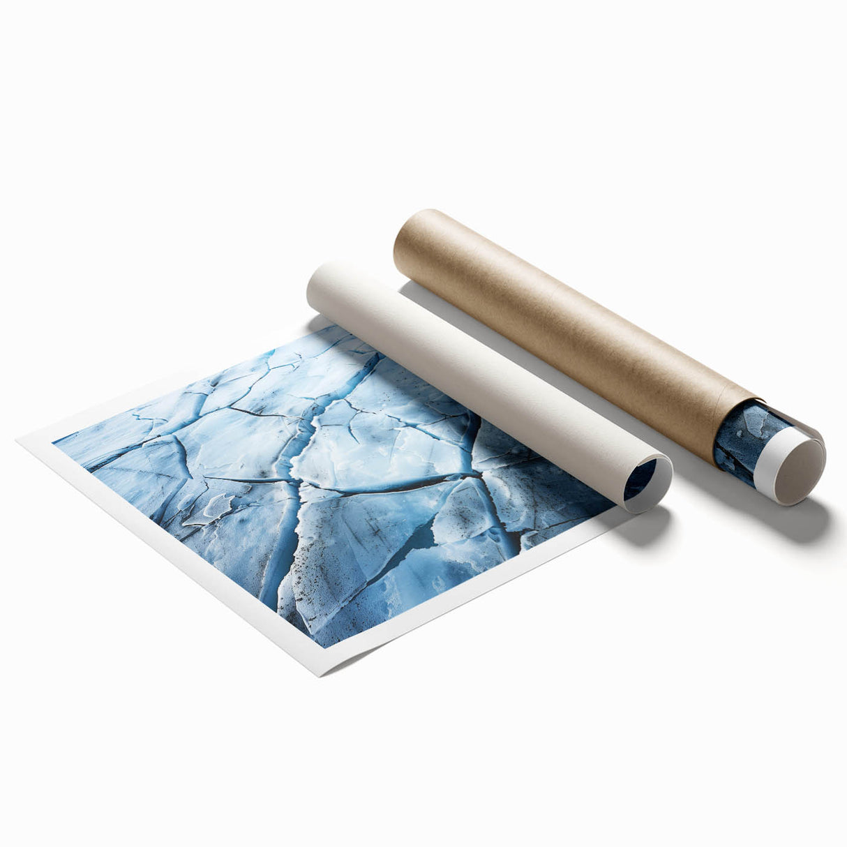 Stunning glacier landscape wall art print showcasing vibrant blues and whites, expertly rolled for easy display, perfect for enhancing modern home decor.