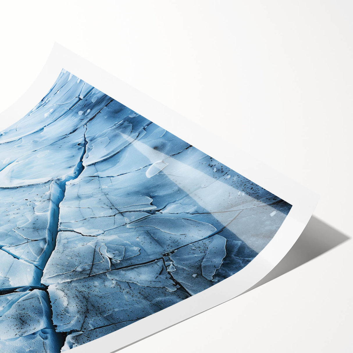 Glacier landscape wall art print showcasing a stunning icy blue and white design, rolled and ready for display, perfect for modern home decor.