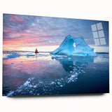 Acrylic glass wall art featuring a stunning glacier landscape design, showcasing cool blue and white tones, elegantly displayed from a side view without pins, perfect for modern decor.