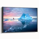 Framed canvas wall art showcasing a stunning glacier landscape design, featuring vibrant blues and whites, with a sleek black frame enhancing its modern aesthetic. Perfect for adding a serene touch to contemporary home decor.