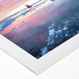 Abstract landscape wall art design showcasing a glacier scene with vibrant blues and whites, printed on rolled canvas for easy display and transport. Ideal for modern home decor.