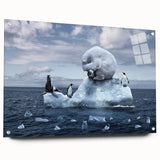 Acrylic glass wall art collection showcasing a stunning glacier landscape design, featuring vibrant blues and whites, displayed elegantly with pins for a modern touch.