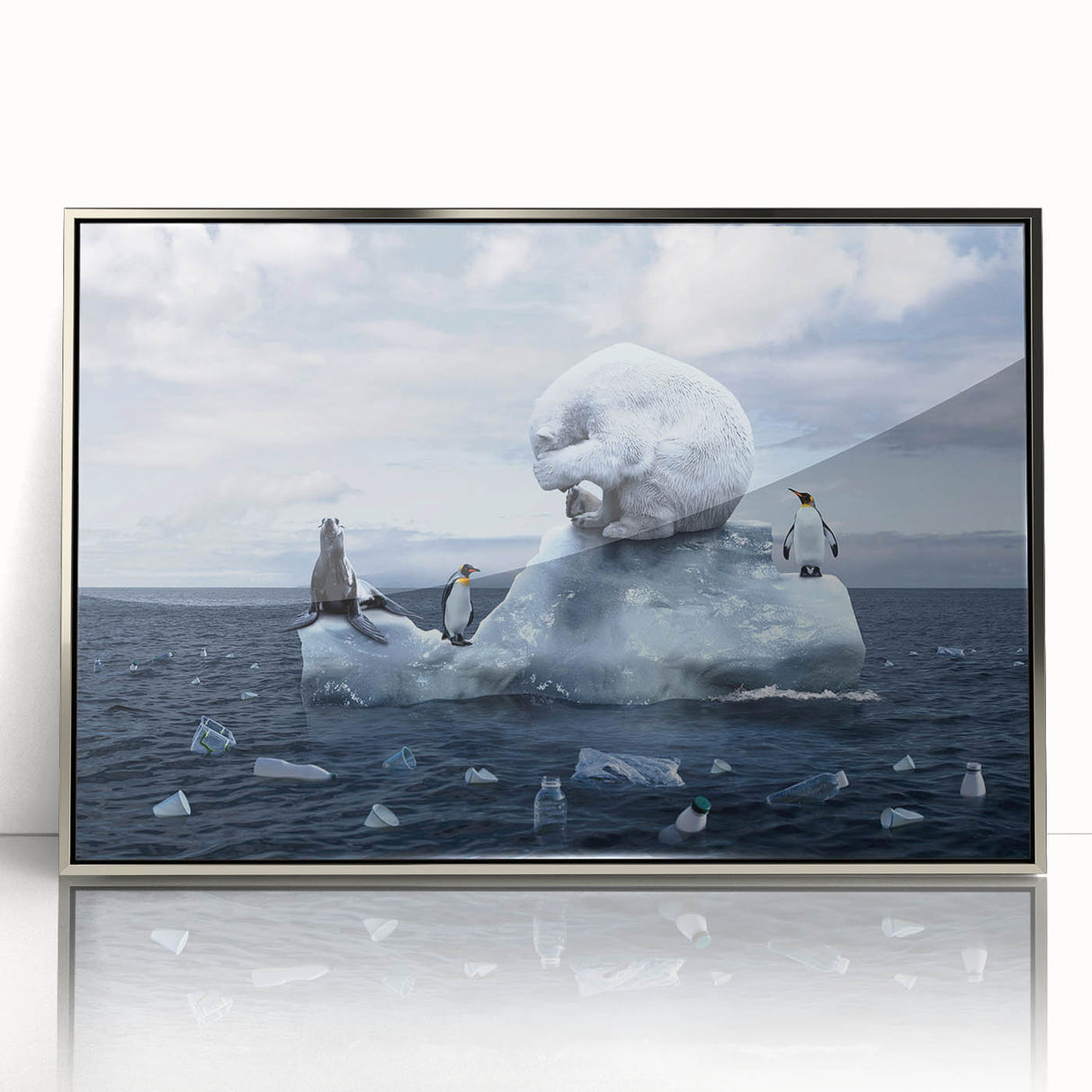 Framed acrylic wall art featuring a stunning glacier landscape design, showcasing vibrant blues and whites, ideal for modern home decor. Perfect for adding a serene touch to any space.