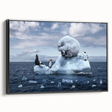 Framed canvas artwork showcasing a stunning glacier landscape design, featuring vibrant blues and whites, with a sleek black frame enhancing its modern aesthetic.