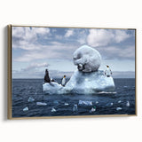 Framed canvas wall art collection featuring a stunning glacier landscape design with gold accents, showcasing an elegant side view in a modern interior setting.