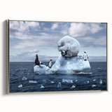 Framed canvas wall art showcasing a stunning glacier landscape design with silver accents, ideal for modern home decor, highlighting natural beauty and serenity.