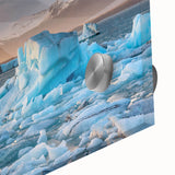 Close-up of a vibrant acrylic glass wall art piece showcasing a stunning glacier landscape design, highlighting intricate textures and cool blue tones, ideal for modern home decor.