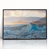 Framed acrylic wall art featuring a stunning glacier landscape design, set in a sleek black frame, perfect for modern home decor and art enthusiasts.