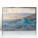 Framed acrylic wall art showcasing a stunning glacier landscape design in silver, perfect for contemporary home decor. Ideal for adding a touch of nature's beauty.