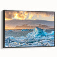 Framed canvas wall art showcasing a stunning glacier landscape design with vibrant blues and whites, viewed from the side, ideal for home decor.