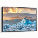 Framed canvas wall art showcasing a stunning glacier landscape design with vibrant blues and whites, viewed from the side, ideal for home decor.