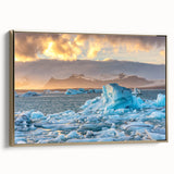 Framed canvas art showcasing a stunning glacier landscape design with gold accents, viewed from the side, perfect for modern home decor and interior styling.