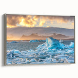 Framed canvas wall art showcasing a stunning glacier landscape design with silver accents, perfect for adding a touch of nature-inspired elegance to home decor.