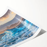 Vibrant rolled print of a glacier landscape design, showcasing intricate ice formations and a serene blue color palette, ideal for modern home decor.