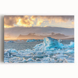 Stretched canvas wall art depicting a vibrant glacier landscape with icy blues and whites, designed to enhance modern home decor and inspire a serene ambiance.