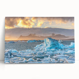 Stretched canvas wall art featuring a stunning glacier landscape design with vibrant blues and whites, leaning against a wall, ideal for modern home decor.