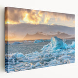 Stretched canvas wall art showcasing a stunning glacier landscape design in vibrant blues and whites, ideal for modern home decor and nature lovers.