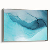 Framed canvas wall art showcasing a serene glacier landscape design with silver accents, perfect for modern home decor. Side view highlights the artwork's elegant frame and vibrant colors.