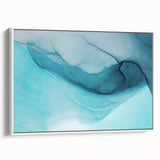 Framed landscape wall art featuring a stunning glacier design with cool blue tones, displayed in a white frame from the side view, perfect for home decor.