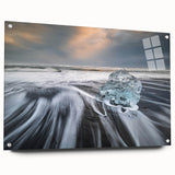 Acrylic glass wall art showcasing a stunning glacier landscape design, viewed from the side with decorative pins, ideal for enhancing modern home decor.