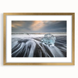 Framed wall art of a stunning glacier landscape design, featuring a gold mat and elegant frame, ideal for enhancing home decor with a touch of nature.