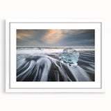 Framed landscape wall art featuring a stunning glacier design with white matting, perfect for modern home decor. Elegant front view highlighting the clean lines and cool color palette.