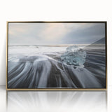 Framed wall art featuring a stunning glacier landscape design with gold accents, displayed in an elegant frame, ideal for modern home decor.