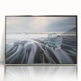 Framed acrylic wall art featuring a stunning glacier landscape design with silver accents, showcasing vibrant blues and whites, ideal for modern home decor.