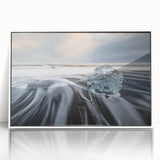 Framed acrylic wall art showcasing a stunning glacier landscape design in a white frame, ideal for adding a modern touch to home decor. The artwork captures vivid blue hues and intricate ice formations, perfect for nature lovers seeking to enhance their interior spaces.