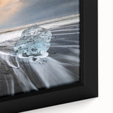 Framed canvas artwork showcasing a stunning glacier landscape with vibrant blues and whites, emphasizing intricate ice textures and natural beauty, perfect for home decor.