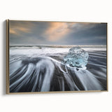 Framed canvas wall art featuring a stunning glacier landscape design, with gold accents and a side view showcasing its elegant presentation for home decor.