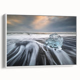 Framed canvas wall art featuring a stunning glacier landscape design with vibrant blues and whites, elegantly displayed in a white frame, perfect for modern decor.